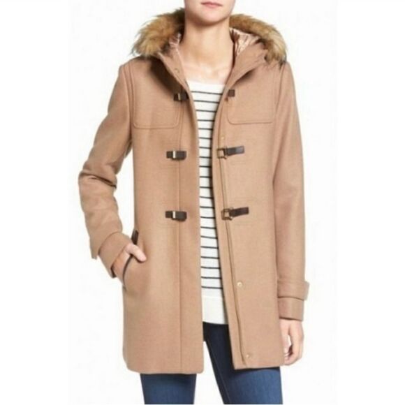 COLE HAAN | Wool Walker Coat Duffle Toggle Front Faux Fur Hood Size 10 - Picture 3 of 16